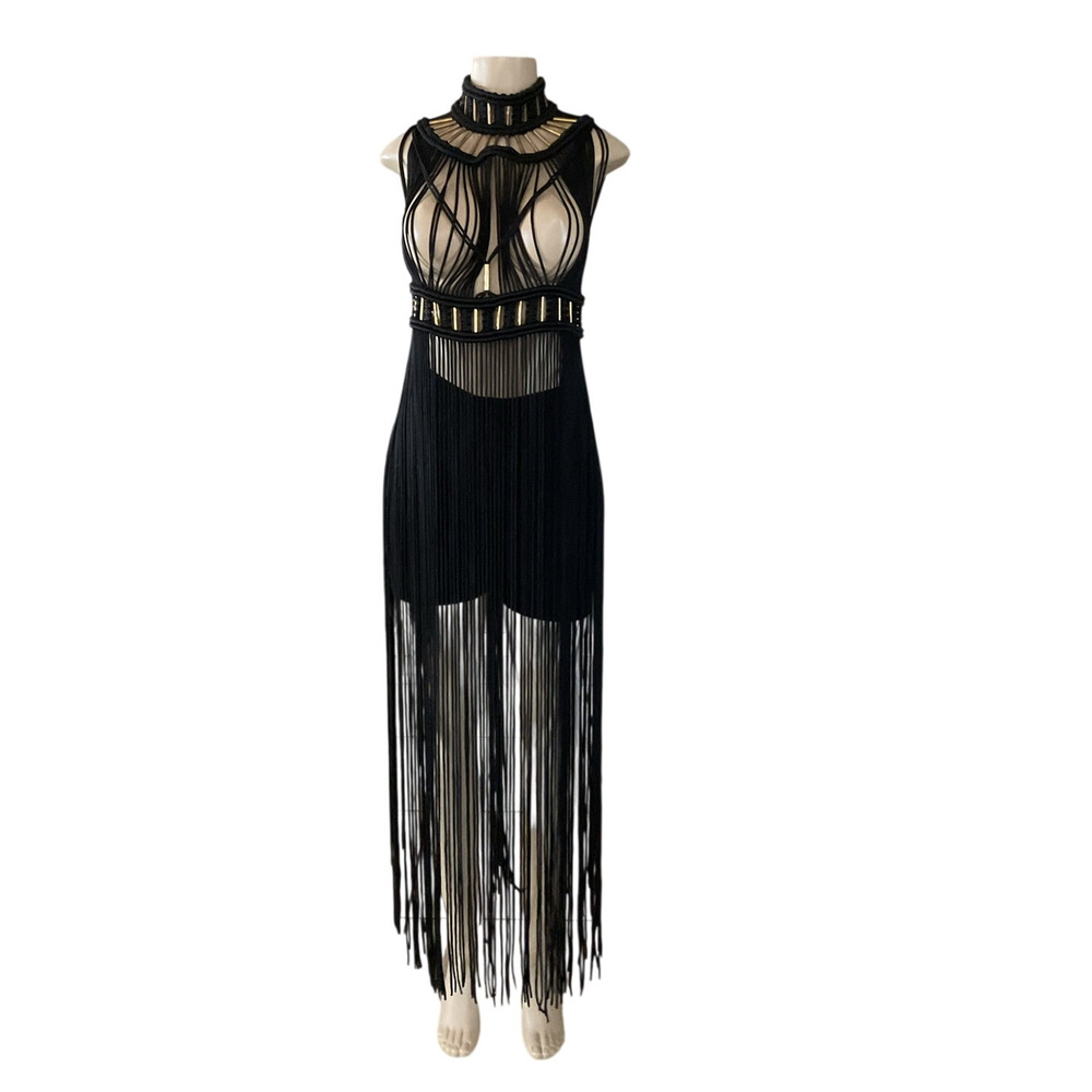 Mexican Handmade Black Fringe Macrame Dress Boho Festival Statement Piece